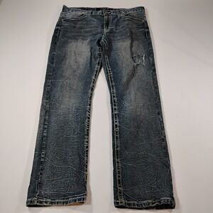 True Luck Men's Size 34 x 32 Medium/Light Wash Blue Jeans Embroidered Distressed